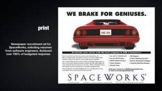 print

    Newspaper recruitment ad for
   SpaceWorks, soliciting resumes
from software engineers. Achieved
 over 750% of budgeted response.
 