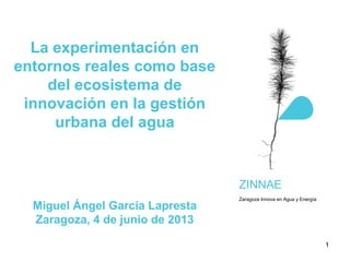 La experimentación en
entornos reales como base
del ecosistema de
innovación en la gestión
urbana del agua
Miguel Ángel García Lapresta
Zaragoza, 4 de junio de 2013
Zaragoza Innova en Agua y Energía.
ZINNAE
1
 