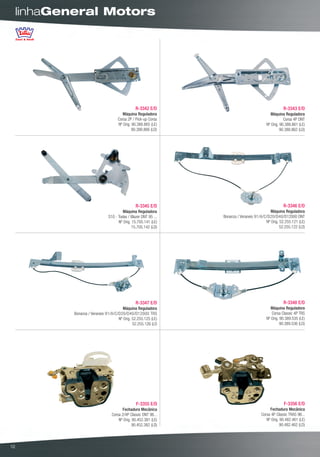 linhaGeneral Motors




                                              R-3342 E/D                                           R-3343 E/D
                                      Máquina Reguladora                                   Máquina Reguladora
                                   Corsa 2P / Pick-up Corsa                                        Corsa 4P DNT
                                   Nº Orig. 90.388.865 (LE)                             Nº Orig. 90.388.861 (LE)
                                            90.388.866 (LD)                                      90.388.862 (LD)




                                              R-3345 E/D                                           R-3346 E/D
                                      Máquina Reguladora                                   Máquina Reguladora
                             S10 - Todas / Blazer DNT 95 ...   Bonanza / Veraneio 91/A/C/D20/D40/D12000 DNT
                                   Nº Orig. 15.705.141 (LE)                             Nº Orig. 52.255.121 (LE)
                                            15.705.142 (LD)                                      52.255.122 (LD)




                                              R-3347 E/D                                           R-3348 E/D
                                      Máquina Reguladora                                   Máquina Reguladora
         Bonanza / Veraneio 91/A/C/D20/D40/D12000 TRS                                      Corsa Classic 4P TRS
                                   Nº Orig. 52.255.125 (LE)                             Nº Orig. 90.389.535 (LE)
                                            52.255.126 (LD                                       90.389.536 (LD)




                                              F-3355 E/D                                           F-3356 E/D
                                     Fechadura Mecânica                                   Fechadura Mecânica
                               Corsa 2/4P Classic DNT 96...                          Corsa 4P Classic TRAS 96...
                                   Nº Orig. 90.452.381 (LE)                             Nº Orig. 90.482.461 (LE)
                                            90.452.382 (LD)                                      90.482.462 (LD)




12
 