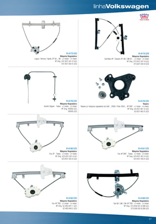 linhaVolkswagen




                                          R-4173 E/D                                                                                   R-4174 E/D
                                  Máquina Reguladora                                                                            Máquina Reguladora
Logus / Verona / Apolo 2P 92... 96 - c/ motor - s/ motor                                 Gol Bola 4P / Saveiro 97 GII / GIII 97... c/ motor - s/ motor
                          Nº Orig. 547.837.501-D (LE)                                                                   Nº Orig. 373.837.501-B (LE)
                                   547.837.502-D (LD)                                                                             373.837.502-B (LD)




                                          R-4176 E/D                                                                                   R-4178 E/D
                                Máquina Reguladora                                                                                          Reparo
            Kombi Clipper - Todos - c/ motor - s/ motor    Reparo p/ máquina reguladora do Golf ...2000 / Polo 2002... 4P DNT - c/ motor - s/ motor
                                   Nº Orig. 00000 (LE)                                                                  Nº Orig. IJ3.837.461-D (LE)
                                            00000 (LD)                                                                           IJ3.837.462-D (LD)




                                          R-4180 E/D                                                                                   R-4181 E/D
                                 Máquina Reguladora                                                                          Máquina Reguladora
                   Fox 2P - Todos - c/ motor - s/ motor                                                    Fox 4P DNT - Todos - c/ motor - s/ motor
                           Nº Orig. 5Z3.837.501.A (LE                                                                 Nº Orig. 5Z4.837.401.A (LE)
                                   5Z3.837.502.A (LD)                                                                          5Z4.837.402.A (LD)




                                          R-4182 E/D                                                                                   R-4189 E/D
                                 Máquina Reguladora                                                                              Máquina Reguladora
                       Fox 4P TRS - c/ motor - s/ motor                                              Gol GII / GIII / GIV 4P TRS - c/ motor - s/ motor
                            Nº Orig. 5Z.483.941.1 (LE)                                                                Nº Orig. 373.839.501.B.SM (LE)
                                     5Z.483.940.2 (LD)                                                                         373.839.502.B.SM (LD)



                                                                                                                                                         27
 