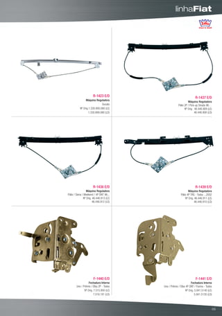 linhaFiat




                       R-1423 E/D                                     R-1437 E/D
                Máquina Reguladora
                                                                Máquina Reguladora
                              Ducato                   Pálio 2P / Pick-up Strada 96…
           Nº Orig.1.330.900.080 (LE)                        Nº Orig. 46.446.909 (LE)
                   1.330.899.080 (LD)                                 46.446.908 (LD)




                       R-1438 E/D                                     R-1439 E/D
                  Máquina Reguladora                            Máquina Reguladora
Pálio / Siena / Weekend / 4P DNT 96...                   Pálio 4P TRS - Todos ...2002
               Nº Orig. 46.446.913 (LE)                      Nº Orig. 46.446.911 (LE)
                        46.446.912 (LD)                               46.446.910 (LD)




                       F-1440 E/D                                      F-1441 E/D
                   Fechadura Interna                               Fechadura Interna
        Uno / Prêmio / Elba 2P - Todos    Uno / Prêmio / Elba 4P DNT / Fiorino - Todos
               Nº Orig. 7.515.950 (LE)                        Nº Orig. 5.941.5140 (LE)
                        7.516.181 (LD)                                 5.941.5130 (LD)



                                                                                        05
 