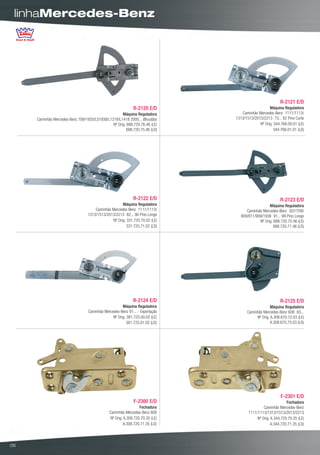 linhaMercedes-Benz




                                                                                                        R-2121 E/D
                                                             R-2120 E/D                          Máquina Reguladora
                                                     Máquina Reguladora          Caminhão Mercedes-Benz 1111/1113/
     Caminhão Mercedes-Benz 709/1935/LS1938/L1218/L1418 2000... (Bicudão)     1313/1513/2013/2213 73... 82 Pino Curto
                                               Nº Orig. 688.720.76.46 (LE)                 Nº Orig. 344.768.00.01 (LE)
                                                        688.720.75.46 (LD)                          344.768.01.01 (LD)




                                                             R-2122 E/D                                 R-2123 E/D
                                                      Máquina Reguladora                        Máquina Reguladora
                                      Caminhão Mercedes-Benz 1111/1113/            Caminhão Mercedes-Benz 507/709/
                                  1313/1513/2013/2213 82... 90 Pino Longo       809/811/909/1938 91... 99 Pino Longo
                                                Nº Orig. 331.725.70.02 (LE)               Nº Orig. 688.720.70.46 (LE)
                                                         331.725.71.02 (LD)                        688.720.71.46 (LD)




                                                            R-2124 E/D                                  R-2125 E/D
                                                      Máquina Reguladora                         Máquina Reguladora
                                  Caminhão Mercedes-Benz 91... - Exportação         Caminhão Mercedes-Benz 608 83...
                                                Nº Orig. 381.725.00.02 (LE)              Nº Orig. A.308.670.72.03 (LE)
                                                         381.725.01.02 (LD)                       A.308.670.73.03 (LD)




                                                                                                        F-2301 E/D
                                                             F-2300 E/D                                     Fechadura
                                                                Fechadura                     Caminhão Mercedes-Benz
                                              Caminhão Mercedes-Benz 608             1111/1113/1313/1513/2013/2213
                                              Nº Orig. A.308.720.70.35 (LE)               Nº Orig. A.344.720.70.35 (LE)
                                                       A.308.720.71.35 (LD)                        A.344.720.71.35 (LD)




06
 