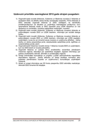 Uzdevumi prioritāšu sasniegšanai 2012.gada otrajam pusgadam:
1) Organizēt katrā novadā (Alūksnes, Gulbenes un Madonas novados) 2 tikšanās ar
esošajiem DDO, lai attīstītu darba devēju savstarpējo sadarbību. Pirms tikšanās ar
DDO atsevišķi organizēt tikšanas ar DDO vadītājiem, lai identificētu
problēmjautājumus vai aktuālos un uzņēmējus interesējošos jautājumus, kuru
apspriešanai tikšanās reizēs ar DDO piesaistīt citus LDDK ekspertus un /vai
ekspertus no ministrijām, ministriju pakļautības institūcijām, nozarēm.
2) Organizēt katrā novadā (Alūksnes, Gulbenes un Madonas novados) tikšanās ar
potenciālajiem novada DDO un LDDK biedriem, informējot par sociālā dialoga
būtību.
3) Organizēt katrā novadā (Alūksnes, Gulbenes un Madonas novados) tikšanās ar
potenciālajiem novada DDO un LDDK biedriem, informējot par LDDK iespējām
uzņēmējiem, kuras tie var izmantot savas nozares un uzņēmuma attīstībai – darba
tiesību un darba aizsardzības jomā, starptautiskās sadarbības jomā, izglītības un
nodarbinātības jomās utaml.
4) Organizēt katrā Vidzemes novadā vismaz 1 tikšanos novada DDO un uzņēmējiem,
kuri nav DDO biedri ar novada pašvaldību.
5) Organizēt tikšanos ar Latvijas Brīvo arodbiedrību savienības pārstāvjiem
Vidzemes reģionā, diskutējot par sadarbības iespējām, iegūstot informāciju par
patieso arodbiedrību stāvokli, aktivitāti un problemātiku reģionā.
6) Sniegt individuālās konsultācija un projektu („LDDK administratīvās kapacitātes
stiprināšana reģionos”, „Darba attiecību un darba drošības normatīvo aktu
praktiska piemērošana nozarēs un uzņēmumos”) konsultācijas uzņēmējiem
Vidzemē.
7) Atrast un sniegt informāciju par ES fondu pieejamību DDO aktivitāšu realizācijai.
Aktivizēt DDO izmantot šīs iespējas.

ZIŅOJUMS PAR SITUĀCIJU DIVPUSĒJĀ UN TRĪSPUSĒJĀ SOCIĀLĀ DIALOGA JOMĀ VIDZEMES REĢIONĀ.

20

 