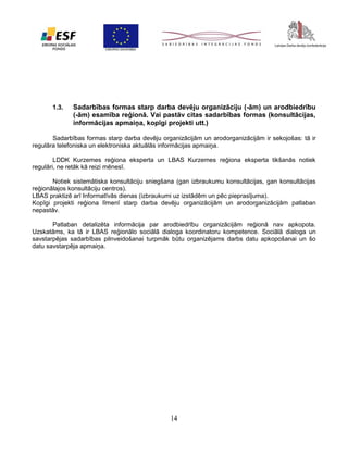 1.3.

Sadarbības formas starp darba devēju organizāciju (-ām) un arodbiedrību
(-ām) esamība reģionā. Vai pastāv citas sadarbības formas (konsultācijas,
informācijas apmaiņa, kopīgi projekti utt.)

Sadarbības formas starp darba devēju organizācijām un arodorganizācijām ir sekojošas: tā ir
regulāra telefoniska un elektroniska aktuālās informācijas apmaiņa.
LDDK Kurzemes reģiona eksperta un LBAS Kurzemes reģiona eksperta tikšanās notiek
regulāri, ne retāk kā reizi mēnesī.
Notiek sistemātiska konsultāciju sniegšana (gan izbraukumu konsultācijas, gan konsultācijas
reģionālajos konsultāciju centros).
LBAS praktizē arī Informatīvās dienas (izbraukumi uz izstādēm un pēc pieprasījuma).
Kopīgi projekti reģiona līmenī starp darba devēju organizācijām un arodorganizācijām patlaban
nepastāv.
Patlaban detalizēta informācija par arodbiedrību organizācijām reģionā nav apkopota.
Uzskatāms, ka tā ir LBAS reģionālo sociālā dialoga koordinatoru kompetence. Sociālā dialoga un
savstarpējas sadarbības pilnveidošanai turpmāk būtu organizējams darbs datu apkopošanai un šo
datu savstarpēja apmaiņa.

14

 