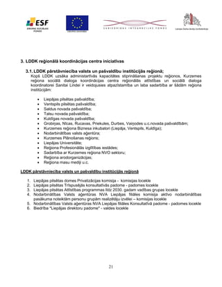 3. LDDK reģionālā koordinācijas centra iniciatīvas
3.1. LDDK pārstāvniecība valsts un pašvaldību institūcijās reģionā;
Kopš LDDK uzsāka administartīvās kapacitātes stiprināšanas projektu reģionos, Kurzemes
reģiona sociālā dialoga koordinācijas centra reģionālās attīstības un sociālā dialoga
koordinatorei Sanitai Lindei ir veidojusies atpazīstamība un laba sadarbība ar šādām reģiona
institūcijām:















Liepājas pilsētas pašvaldība;
Ventspils pilsētas pašvaldība;
Saldus novada pašvaldība;
Talsu novada pašvaldība;
Kuldīgas novada pašvaldība;
Grobiņas, Nīcas, Rucavas, Priekules, Durbes, Vaiņodes u.c.novada pašvaldībām;
Kurzemes reģiona Biznesa inkubatori (Liepāja, Ventspils, Kuldīga);
Nodarbinātības valsts aģentūra;
Kurzemes Plānošanas reģions;
Liepājas Universitāte;
Reģiona Profesionālās izglītības iestādes;
Sadarbība ar Kurzemes reģiona NVO sektoru;
Reģiona arodorganizācijas;
Reģiona masu mediji u.c.

LDDK pārstāvniecība valsts un pašvaldību institūcijās reģionā
Liepājas pilsētas domes Privatizācijas komisija - komisijas locekle
Liepājas pilsētas Trīspusējās konsultatīvās padome - padomes locekle
Liepājas pilsētas Attīstības programmas līdz 2030. gadam vadības grupas locekle
Nodarbinātības Valsts aģentūras NVA Liepājas filiāles komisija aktīvo nodarbinātības
pasākuma noteiktām personu grupām realizētāju izvēlei – komisijas locekle
5. Nodarbinātības Valsts aģentūras NVA Liepājas filiāles Konsultatīvā padome - padomes locekle
6. Biedrība *Liepājas direktoru padome* - valdes locekle
1.
2.
3.
4.

21

 