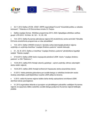 
30.11.2012 Dalība LR EM , ERAF, KRPR organizētajā Forumā *Industriālā politika un atbalsts
biznesam*. Tikšanās ar LR Ekonomikas ministru D. Pavļutu

Dalība Liepājas Domes Attīstības programmas 2014.-2020. Ilgtspējīgas attīstības vadības
grupā / LPD 2012. 16.II lēm. Nr. 52/ - VI, VII, VIII

14.II. 2013. Dalība Kurzemes plānošanas reģiona ES struktūrfondu centra seminārā *Aktuālās
ES fondu struktūrfondu programmas un citas aktualitātes*

15.II. 2013. Dalība VARAM ministra E. Sprūdža vizītes laikā liepājā pārstāvot reģiona
uzņēmēju un uzņēmēju biedrības *Liepājas Direktoru padome* viedokli diskusijā;

01., 02. III. 2013. Dalība un biedrības *Liepājas Direktoru padome* pārstāvēšana ikgadējā
izstādē *Ražots Liepājā*;

27.III.2013. Dalība LDDK biedru kopsapulcē pārstāvot LDDK biedru *Liepājas direktoru
padome* un SIA *Elektrons *;

10.04.2013. dalība NVA rīkotajā vakanču gadatirgū – apinot uzņēmēju vēlmes vakantajām
darba vietām reģionā;


16.04.2013. dalība LBAS rīkotajā konferencē Vispasaules darba aizsardzības dienai;


IV.2013. Veikta pārskata gatavošana par sociālā dialoga un attīstības tendencēm esošo
situāciju atsevišķās uzņēmējdarbības nozarēs LDDK pētījuma ietvaros;

V.2013. veikta Kurzemes reģiona labāko darba devēju apkopošana izvirzīšanai LDDK
atzinības balvas pasniegšanai;

VI. 2013.organizētas tikšanās ar jaunajiem vai pārvēlētajiem pašvaldību vadītājiem Kurzemes
reģionā, lai apspriestu tālāko sadarbību sociālā dialoga jautājumos Kurzemes reģionā lielākajās
pilsētās

23

 