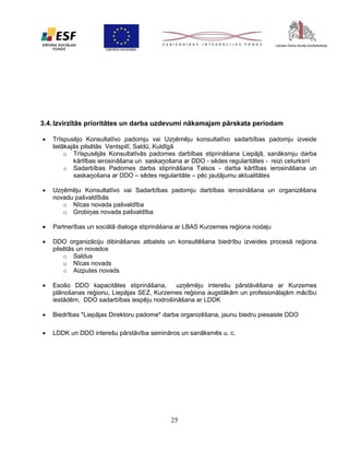 3.4. Izvirzītās prioritātes un darba uzdevumi nākamajam pārskata periodam


Trīspusējo Konsultatīvo padomju vai Uzņēmēju konsultatīvo sadarbības padomju izveide
lielākajās pilsētās Ventspilī, Saldū, Kuldīgā
o Trīspusējās Konsultatīvās padomes darbības stiprināšana Liepājā, sanāksmju darba
kārtības ierosināšana un saskaņošana ar DDO - sēdes regularitātes - reizi ceturksnī
o Sadarbības Padomes darba stiprināšana Talsos - darba kārtības ierosināšana un
saskaņošana ar DDO – sēdes regularitāte – pēc jautājumu aktualitātes



Uzņēmēju Konsultatīvo vai Sadarbības padomju darbības ierosināšana un organizēšana
novadu pašvaldībās
o Nīcas novada pašvaldība
o Grobiņas novada pašvaldība



Partnerības un sociālā dialoga stiprināšana ar LBAS Kurzemes reģiona nodaļu



DDO organizāciju dibināšanas atbalsts un konsultēšana biedrību izveides procesā reģiona
pilsētās un novados
o Saldus
o Nīcas novads
o Aizputes novads



Esošo DDO kapacitātes stiprināšana,
uzņēmēju interešu pārstāvēšana ar Kurzemes
plānošanas reģionu, Liepājas SEZ, Kurzemes reģiona augstākām un profesionālajām mācību
iestādēm, DDO sadarbības iespēju nodrošināšana ar LDDK



Biedrības *Liepājas Direktoru padome* darba organizēšana, jaunu biedru piesaiste DDO



LDDK un DDO interešu pārstāvība semināros un sanāksmēs u. c.

25

 