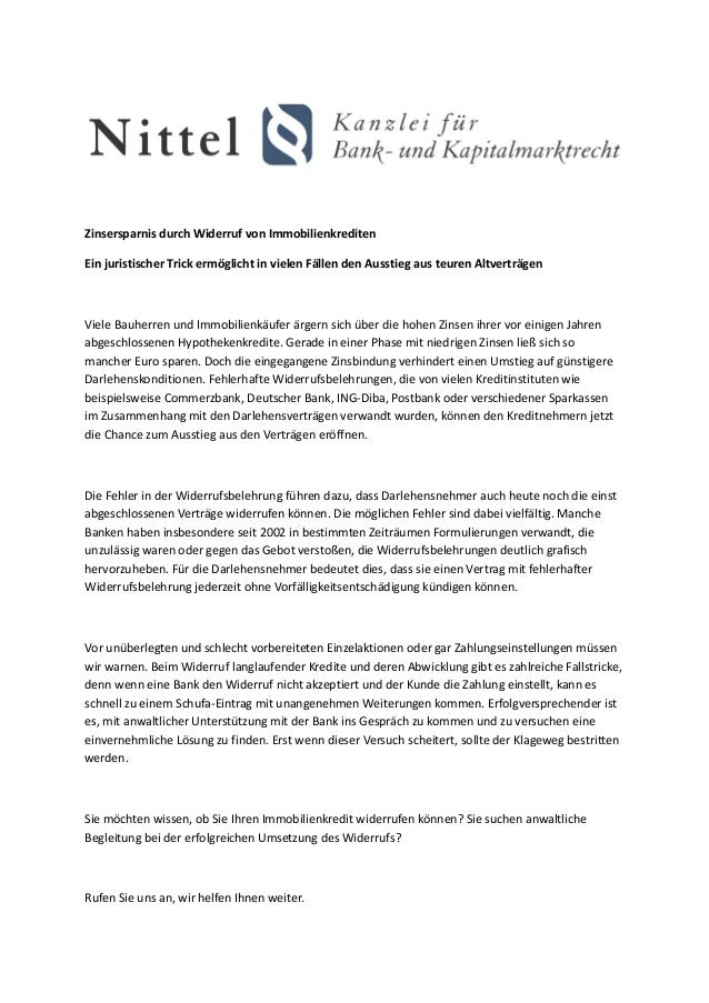 Zinsersparnis Durch Widerruf Von Immobilienkrediten