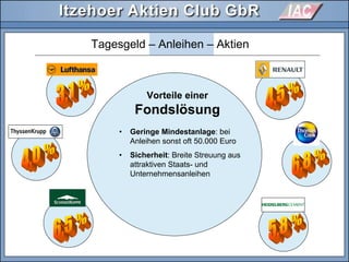 Tagesgeld – Anleihen – Aktien
Vorteile einer
Fondslösungdslö
• Geringe Mindestanlage: bei
Anleihen sonst oft 50.000 Euro
• Sicherheit: Breite Streuung aus
attraktiven Staats- und
Unternehmensanleihen
 