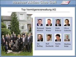Top Vermögensverwaltung AG
Reimund
Michels
Ralf
Kucharski
Jan
Bolling
Sascha
Abel
Martin
Winter
Oliver
Gehricke
Malte
Rohwer
Matthias
Wöhl
 