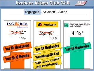 2,0 %*
Tagesgeld – Anleihen – Aktien
2,2 %* 4 %*
1,3 % 1,1 %
 