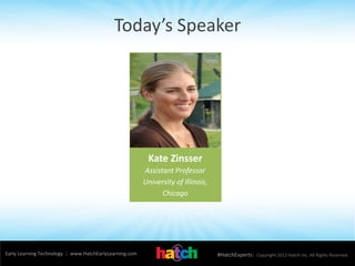 Today’s Speaker
Early Learning Technology | www.HatchEarlyLearning.com #HatchExperts| Copyright 2012 Hatch Inc. All Rights Reserved.
Kate Zinsser
Assistant Professor
University of Illinois,
Chicago
 