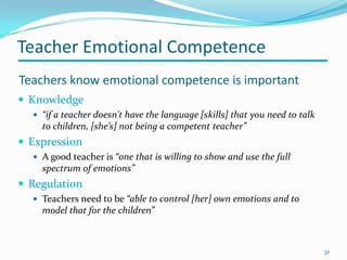  Knowledge
 “if a teacher doesn't have the language [skills] that you need to talk
to children, [she’s] not being a competent teacher”
 Expression
 A good teacher is “one that is willing to show and use the full
spectrum of emotions”
 Regulation
 Teachers need to be “able to control [her] own emotions and to
model that for the children”
Teachers know emotional competence is important
32
Teacher Emotional Competence
 