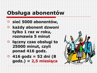 Obsługa abonentów sieć 5000 abonentów, każdy abonent dzwoni tylko 1 raz w roku, rozmawia 5 minut łączny czas obsługi to 25000 minut, czyli ponad 416 godz. 416 godz = 52 dni (8 godz.) =  2,5 miesiąca 