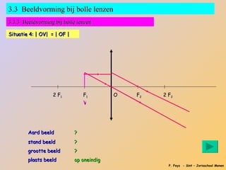 3.3 Beeldvorming bij bolle lenzen
3.3.3 Beeldvorming bij bolle lenzen

Situatie 4: | OV| = | OF |




                  2 F1           F1        O   F2   2 F2
                                 V




        Aard beeld           ?
        stand beeld          ?
        grootte beeld        ?
        plaats beeld         op oneindig
                                                      P. Feys - Sint – Jorisschool Menen
 