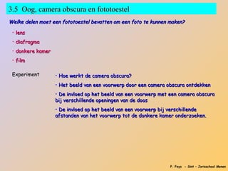 3.5 Oog, camera obscura en fototoestel
Welke delen moet een fototoestel bevatten om een foto te kunnen maken?

 • lens
 • diafragma
 • donkere kamer
 • film

 Experiment        • Hoe werkt de camera obscura?
                   • Het beeld van een voorwerp door een camera obscura ontdekken
                   • De invloed op het beeld van een voorwerp met een camera obscura
                   bij verschillende openingen van de doos
                   • De invloed op het beeld van een voorwerp bij verschillende
                   afstanden van het voorwerp tot de donkere kamer onderzoeken.




                                                                 P. Feys - Sint – Jorisschool Menen
 