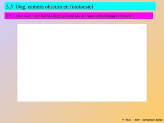 3.5 Oog, camera obscura en fototoestel
3.5.1 Hoe wordt het beeld scherp gesteld als de voorwerpsafstand veranderd?




                                                                   P. Feys - Sint – Jorisschool Menen
 