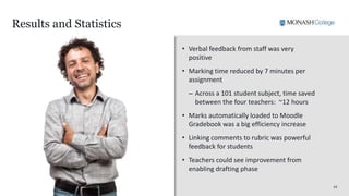 1414
Results and Statistics
• Verbal feedback from staff was very
positive
• Marking time reduced by 7 minutes per
assignment
– Across a 101 student subject, time saved
between the four teachers: ~12 hours
• Marks automatically loaded to Moodle
Gradebook was a big efficiency increase
• Linking comments to rubric was powerful
feedback for students
• Teachers could see improvement from
enabling drafting phase
 