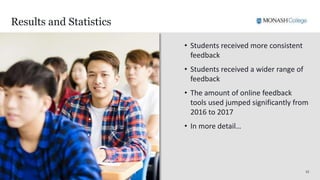 1515
Results and Statistics
• Students received more consistent
feedback
• Students received a wider range of
feedback
• The amount of online feedback
tools used jumped significantly from
2016 to 2017
• In more detail…
 