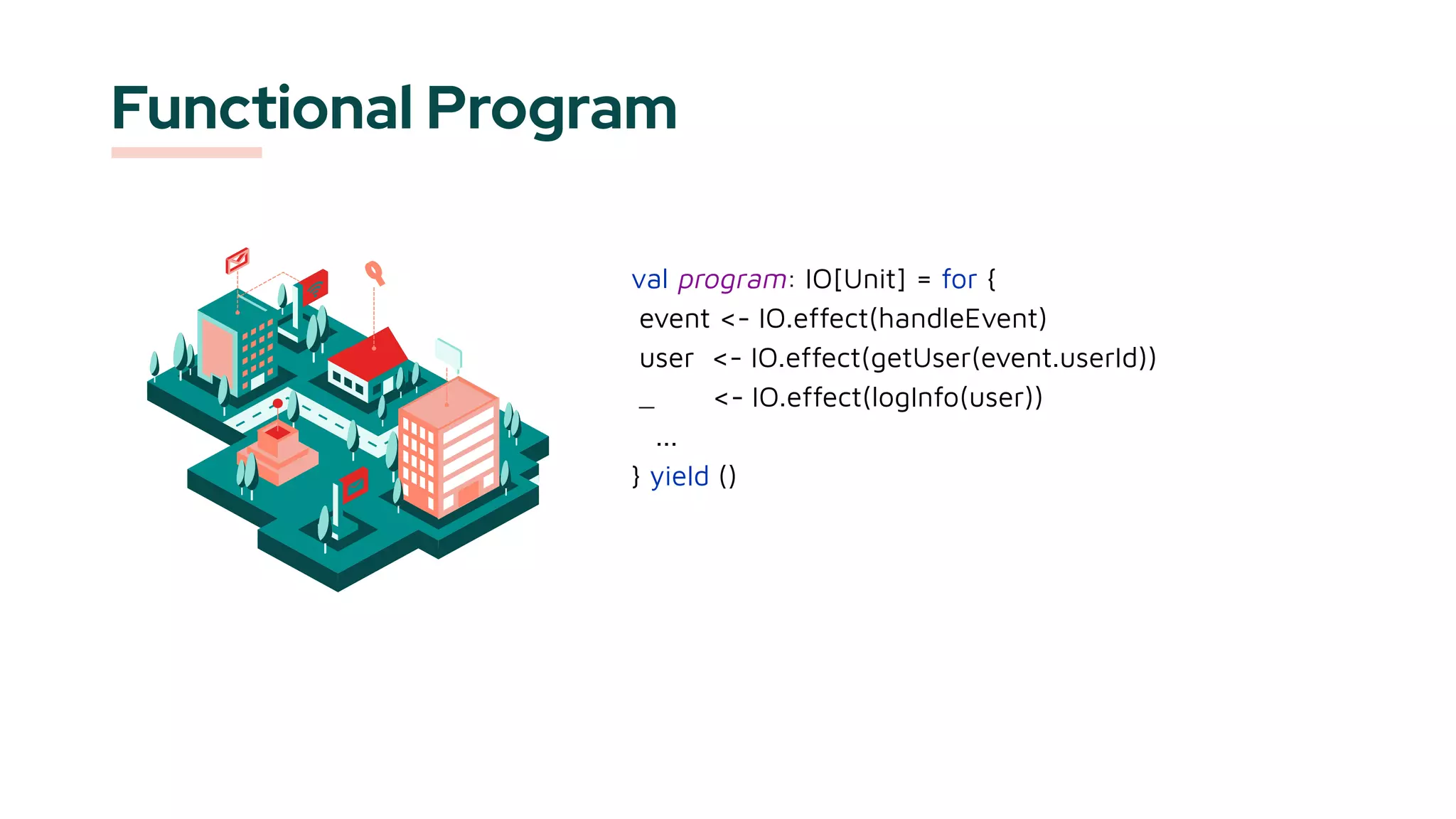 Functional Program
val program: IO[Unit] = for {
event <- IO.effect(handleEvent)
user <- IO.effect(getUser(event.userId))
_ <- IO.effect(logInfo(user))
...
} yield ()
 