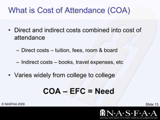 What is Cost of Attendance (COA)Direct and indirect costs combined into cost of attendanceDirect costs – tuition, fees, room & boardIndirect costs – books, travel expenses, etcVaries widely from college to collegeCOA – EFC = Need