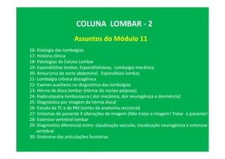 Assuntos do Módulo 11
COLUNA LOMBAR - 2
16- Etiologia das lombalgias
17- História clínica
18- Patologias da Coluna Lombar
19- Espondilólise lombar, Espondilolistese, Lombalgia mecânica
20- Aneurisma de aorta abdominal, Espondilose lombar,
21- Lombalgia crônica discogênica
22- Exames auxiliares no diagnóstico das lombalgias
23- Hérnia de disco lombar (Hérnia do núcleo polposo)
24- Radiculopatia lombossacra ( dor mecânica, dor neurogênica e dormência)
25- Diagnóstico por imagem da hérnia discal
26- Estudo da TC e da RM (cortes de anatomia seccional)
27- Sintomas do paciente X alterações de imagem (Não tratar a imagem! Tratar o paciente!
28- Estenose vertebral lombar
29- Diagnóstico diferencial entre: claudicação vascular, claudicação neurogênica e estenose
vertebral
30- Síndrome das articulações facetárias
 
