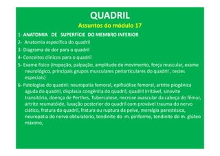 1- ANATOMIA DE SUPERFÍCIE DO MEMBRO INFERIOR
2- Anatomia específica do quadril
3- Diagrama de dor para o quadril
4- Conceitos clínicos para o quadril
5- Exame físico (Inspeção, palpação, amplitude de movimento, força muscular, exame
neurológico, principais grupos musculares periarticulares do quadril , testes
especiais)
6- Patologias do quadril: neuropatia femoral, epifisiólise femoral, artrite piogênica
aguda do quadril, displasia congênita do quadril, quadril irritável, sinovite
transitória, doença de Perthes, Tuberculose, necrose avascular da cabeça do fêmur,
artrite reumatóide, luxação posterior do quadril com provável trauma do nervo
ciático, fratura do quadril, fratura ou ruptura da pelve, meralgia parestésica,
neuropatia do nervo obturatório, tendinite do m. piriforme, tendinite do m. glúteo
máximo,
QUADRIL
Assuntos do módulo 17
 