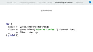 What is ZIO? Powered by Queues Troubled Queues Introducing ZIO Queue Wrap Up
4. Interruptible
for {
queue <- Queue.unbounded[String]
fiber <- queue.offer("Give me Coffee!").forever.fork
_ <- fiber.interrupt
} yield ()
 