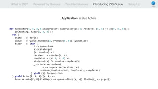 What is ZIO? Powered by Queues Troubled Queues Introducing ZIO Queue Wrap Up
Application: Scalaz Actors
def makeActor[S, E, A, B](supervisor: Supervisor)(s: S)(receive: (S, A) => IO[E, (S, B)]):
IO[Nothing, Actor[E, A, B]] =
for {
state <- Ref(s)
queue <- Queue.bounded[(A, Promise[E, B])](QueueSize)
fiber <- (for {
t <- queue.take
s <- state.get
(a, promise) = t
receiver = receive(s, a)
completer = (s: S, b: B) =>
state.set(s) *> promise.complete(b)
_ <- receiver.redeem(
e => supervise(receiver, e)
.redeem(promise.error, completer), completer)
} yield ()).forever.fork
} yield Actor[E, A, B]((a: A) =>
Promise.make[E, B].flatMap(p => queue.offer((a, p)).flatMap(_ => p.get))
 
