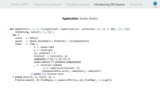 What is ZIO? Powered by Queues Troubled Queues Introducing ZIO Queue Wrap Up
Application: Scalaz Actors
def makeActor[S, E, A, B](supervisor: Supervisor)(s: S)(receive: (S, A) => IO[E, (S, B)]):
IO[Nothing, Actor[E, A, B]] =
for {
state <- Ref(s)
queue <- Queue.bounded[(A, Promise[E, B])](QueueSize)
fiber <- (for {
t <- queue.take
s <- state.get
(a, promise) = t
receiver = receive(s, a)
completer = (s: S, b: B) =>
state.set(s) *> promise.complete(b)
_ <- receiver.redeem(
e => supervise(receiver, e)
.redeem(promise.error, completer), completer)
} yield ()).forever.fork
} yield Actor[E, A, B]((a: A) =>
Promise.make[E, B].flatMap(p => queue.offer((a, p)).flatMap(_ => p.get))
 