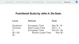 What is ZIO? Powered by Queues Troubled Queues Introducing ZIO Queue Wrap Up
Functional Scala by John A. De Goes
Local Remote Date
Scotland European Time Sep 10 - 14
Toronto East Coast Time Oct 1 - 5
? European Time Oct 22 - 26
SF / SV Pacific Coast Time Nov 18 -
22
 