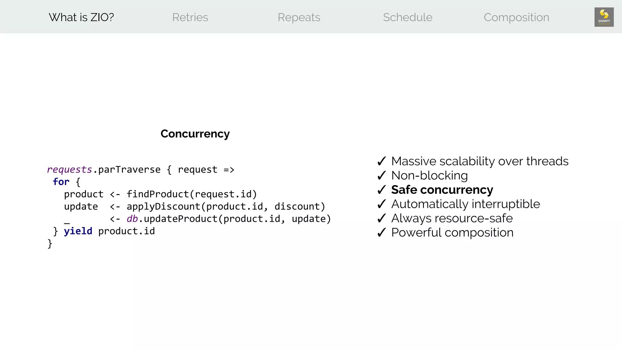 requests.parTraverse { request =>
for {
product <- findProduct(request.id)
update <- applyDiscount(product.id, discount)
_ <- db.updateProduct(product.id, update)
} yield product.id
}
What is ZIO? Retries Repeats Schedule Composition
✓ Massive scalability over threads
✓ Non-blocking
✓ Safe concurrency
✓ Automatically interruptible
✓ Always resource-safe
✓ Powerful composition
Concurrency
 