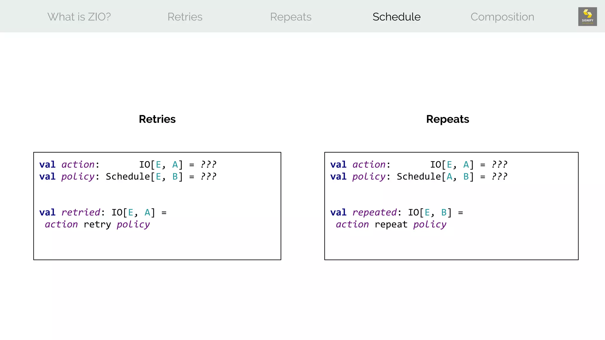 What is ZIO? Retries Repeats Schedule Composition
Retries Repeats
val action: IO[E, A] = ???
val policy: Schedule[E, B] = ???
val retried: IO[E, A] =
action retry policy
val action: IO[E, A] = ???
val policy: Schedule[A, B] = ???
val repeated: IO[E, B] =
action repeat policy
 