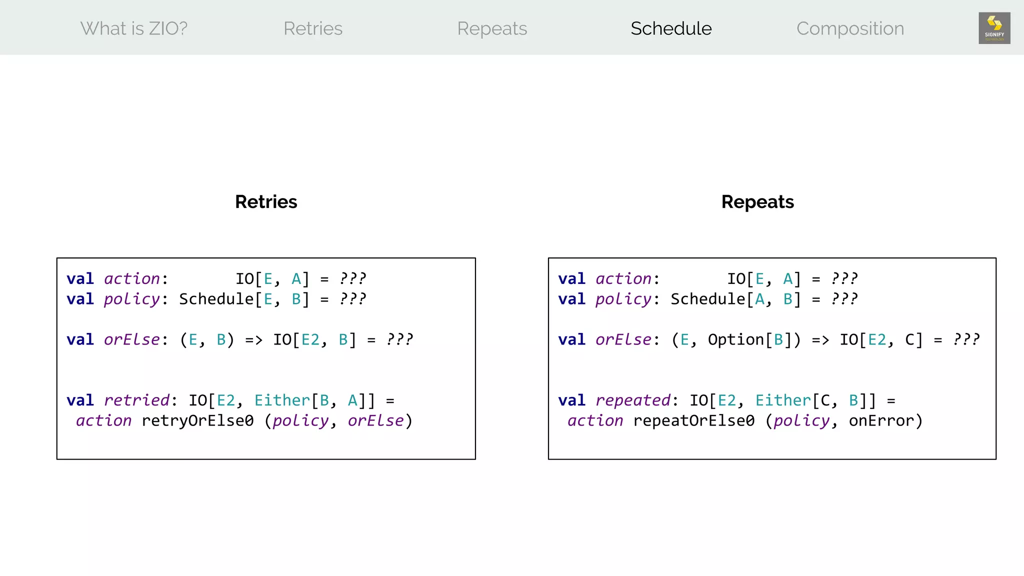 What is ZIO? Retries Repeats Schedule Composition
Retries Repeats
val action: IO[E, A] = ???
val policy: Schedule[E, B] = ???
val orElse: (E, B) => IO[E2, B] = ???
val retried: IO[E2, Either[B, A]] =
action retryOrElse0 (policy, orElse)
val action: IO[E, A] = ???
val policy: Schedule[A, B] = ???
val orElse: (E, Option[B]) => IO[E2, C] = ???
val repeated: IO[E2, Either[C, B]] =
action repeatOrElse0 (policy, onError)
 