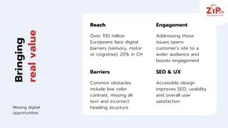 Bringing
real
value
Reach
Over 100 million
Europeans face digital
barriers (sensory, motor
or cognitive). 20% in CH
Barriers
Common obstacles
include low color
contrast, missing alt
text and incorrect
heading structure
Engagement
Addressing these
issues opens
customer’s site to a
wider audience and
boosts engagement
Missing digital
opportunities
SEO & UX
Accessible design
improves SEO, usability
and overall user
satisfaction
 