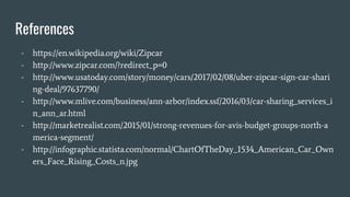 References
- https://en.wikipedia.org/wiki/Zipcar
- http://www.zipcar.com/?redirect_p=0
- http://www.usatoday.com/story/money/cars/2017/02/08/uber-zipcar-sign-car-shari
ng-deal/97637790/
- http://www.mlive.com/business/ann-arbor/index.ssf/2016/03/car-sharing_services_i
n_ann_ar.html
- http://marketrealist.com/2015/01/strong-revenues-for-avis-budget-groups-north-a
merica-segment/
- http://infographic.statista.com/normal/ChartOfTheDay_1534_American_Car_Own
ers_Face_Rising_Costs_n.jpg