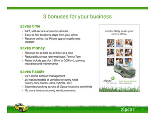 3 bonuses for your business
saves time
• 24/7, self-service access to vehicles
• Easy-to-find locations steps from your office
• Reserve online, via iPhone app or mobile web
  browser

saves money
• Reserve for as little as an hour at a time
• Reduced business rate weekdays 7am to 7pm
• Rates include gas (for 180 mi or 200 km), parking,
  insurance and maintenance


saves hassle
• 24/7 online account management
• 25 makes/models of vehicles for every need
  (luxury cars, trucks, vans, hybrids, etc.)
• Seamless booking across all Zipcar locations worldwide
• No more time-consuming reimbursements




                                                           4
 