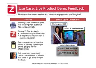 Use Case: Live Product Demo Feedback
Want real-time event feedback to increase engagement and insights?

        Scenario                                    Similar ZipDial Case Studies
Showing a new product or game
                                               Miss Bangalore 2010
In a shopping mall, auditorium
To people passing by
                                                                NASSCOM Product Conclave
Display ZipDial Number(s)
• 1 to start multi-question survey
• 2+ to get quick response on a
  published question

Demonstrator can get real-time
results in SMS by ZipDialing or                           Indian Debating Union
online, gauging his/her
effectiveness

Call center can immediately
callback respondents to drive in-
mall sales or get more in-depth
feedback
                   PATENT PENDING - ZipDial PROPRIETARY & CONFIDENTIAL
 