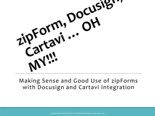 Making Sense and Good Use of zipForms
with Docusign and Cartavi Integration

(C) STEFANIE HAHN | WWW.STEFANIEHAHN.COM | JANUARY 2014

 