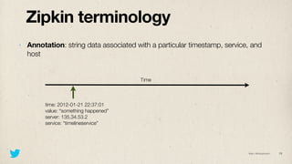 Zipkin terminology
‣   Annotation: string data associated with a particular timestamp, service, and
    host


           ...