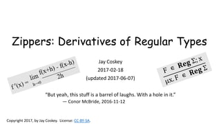Zippers: Derivatives of Regular Types
Jay Coskey
2017-02-18
(updated 2017-06-07)
“But yeah, this stuff is a barrel of laughs. With a hole in it.”
— Conor McBride, 2016-11-12
Copyright 2017, by Jay Coskey. License: CC-BY-SA.
 