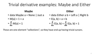 Trivial derivative examples: Maybe and Either
Maybe
• data Maybe a = None | Just a
• M(a) = 1 + a
•
𝐝
𝐝𝐚
M(a) = 1
Either
•...