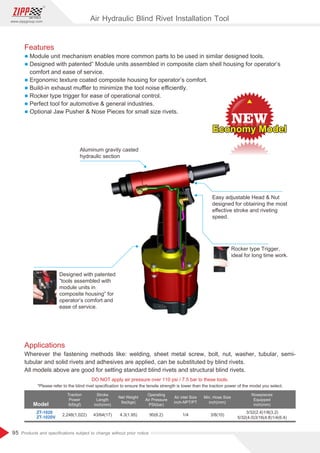 95
www.zippgroup.com
Products and speciﬁcations subject to change without prior notice
Model
DO NOT apply air pressure over 110 psi / 7.5 bar to these tools.
Traction
Power
Ibf(kgf)
Stroke
Length
inch(mm)
Net Weight
Ibs(kgs)
Operating
Air Pressure
PSI(bar)
Air inlet Size
inch-NPT/PT
Min. Hose Size
inch(mm)
Nosepieces
Equipped
inch(mm)
ZT-1020
ZT-1020V
2,248(1,022) 4.3(1.95) 90(6.2) 1/4 3/8(10)
3/32(2.4)1/8(3.2)
5/32(4.0)3/16(4.8)1/4(6.4)
*Please refer to the blind rivet speciﬁcation to ensure the tensile strength is lower than the traction power of the model you select.
Aluminum gravity casted
hydraulic section
Easy adjustable Head  Nut
designed for obtaining the most
eﬀective stroke and riveting
speed.
Designed with patented
”tools assembled with
module units in
composite housing” for
operator’s comfort and
ease of service.
Rocker type Trigger,
ideal for long time work.
Applications
Wherever the fastening methods like: welding, sheet metal screw, bolt, nut, washer, tubular, semi-
tubular and solid rivets and adhesives are applied, can be substituted by blind rivets.
All models above are good for setting standard blind rivets and structural blind rivets.
Features
l Module unit mechanism enables more common parts to be used in similar designed tools.
l Designed with patented” Module units assembled in composite clam shell housing for operator’s
comfort and ease of service.
l Ergonomic texture coated composite housing for operator’s comfort.
l Build-in exhaust muﬄer to minimize the tool noise eﬃciently.
l Rocker type trigger for ease of operational control.
l Perfect tool for automotive  general industries.
l Optional Jaw Pusher  Nose Pieces for small size rivets.
Air Hydraulic Blind Rivet Installation Tool
Economy ModelEconomy ModelEconomy Model
43/64(17)
 