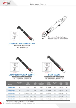 7
www.zippgroup.com
Products and speciﬁcations subject to change without prior notice
UNIT: mm
30
53
UNIT: mm
30
53
UNIT: mm
30
53
Right Angle Wrench
Model
ZRAW-5CLB08
ZRAW-5CLB15
ZRAW-5SLB15
ZRAW-5SLB08
ZRAW-5SLB03
13.15(334)
13.15(344)
13.39(340)
13.39(340)
13.77(350)
198(7)
198(7)
198(7)
198(7)
198(7)
800
1450
1450
800
340
5(3.7)
5(3.7)
1.2~2.4(0.9~1.8)
2.2~4.3(1.6~3.2)
4~10(3~7.4)
M5
M5
M4
M5
M6
1/4
1/4
1/4
1/4
1/4
2.76(1.25)
2.76(1.25)
2.69(1.22)
2.69(1.22)
2.86(1.3)
80
80
80
80
80
Free
Speed
rpm
MAX.
Torque
Nm(ft-lb)
Screw Size
Capacity
Air
Consumption
l/min(cfm)
Overall
Length
inch(mm)
Air Inlet
P.T
Net
Weight
lb(kg)
Sound
Level
db(A)
l Recommended Gauge Air Pressure: 60~90PSI
ZRAW-5SLB08/ZRAW-5SLB15
ZRAW-5CLB08/ZRAW-5CLB15
ZRAW-5SLB03
3/8 Air Wrench-Air shut off
3/8 Air Wrench
3/8 Air Wrench-Air shut off
Rear ExhaustClutch Type
The method of adjusting torque:
Adjusting torque by turning the nut.
Rear ExhaustTorque Control Type Rear ExhaustTorque Control Type
 