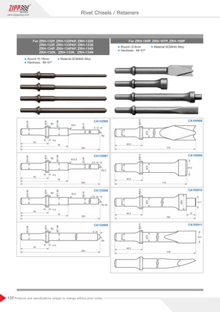 137
www.zippgroup.com
Products and speciﬁcations subject to change without prior notice
Ø12.6
Ø15
Ø20.6
115
44.5
Ø12.6
Ø15
Ø20.6
178
44.5
Rivet Chisels / Retainers
Ø10.08Ø10.08Ø10.08Ø10.08
Ø19Ø19Ø19Ø19
CA132906 CA195908
CA195909
CA195910
CA195911
CA132907
CA132908
CA132909
R2
R2
R2
R2
R2
R2.5
R2.75
R4
R10
R10.5
R15
4.5
4.5
4.5
4.5
2
2.5
2.75
4
200
200
200
200
45
76
76
76
45
45
45
Ø11.88Ø11.88Ø11.88
Ø9.35Ø7.65Ø6.15
Ø11.88
For ZRH-132P,ZRH-132PAP,ZRH-132S
ZRH-133P,ZRH-133PAP,ZRH-133S
ZRH-134P,ZRH-134PAP,ZRH-134S
ZRH-132N, ZRH-133N, ZRH-134N
Ø12.6
Ø15
Ø20.6
175
44.5
Ø12.6
Ø15
Ø20.6
190
44.5 15
25.4
16.4
12.7
For ZRH-195P, ZRH-197P, ZRH-199P
l Round 12.6mm
l Hardness : 48~51º
l Round 10.18mm
l Hardness : 48~51º
l Material SCM440 Alloy
l Material SCM440 Alloy
Ø25
 