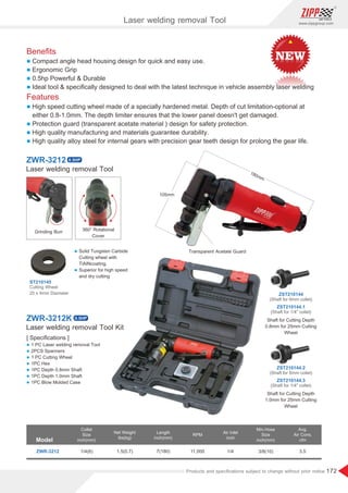 172
www.zippgroup.com
Products and speciﬁcations subject to change without prior notice
Beneﬁts
l Compact angle head housing design for quick and easy use.
l Ergonomic Grip
l 0.5hp Powerful  Durable
l Ideal tool  speciﬁcally designed to deal with the latest technique in vehicle assembly laser welding
Features
l High speed cutting wheel made of a specially hardened metal. Depth of cut limitation-optional at
either 0.8-1.0mm. The depth limiter ensures that the lower panel doesn't get damaged.
l Protection guard (transparent acetate material ) design for safety protection.
l High quality manufacturing and materials guarantee durability.
l High quality alloy steel for internal gears with precision gear teeth design for prolong the gear life.
Laser welding removal Tool
Grinding Burr
Laser welding removal Tool Kit
ZWR-3212
ZWR-3212K
[ Speciﬁcations ]
l 1 PC Laser welding removal Tool
l 2PCS Spanners
l 1 PC Cutting Wheel
l 1PC Hex
l 1PC Depth 0.8mm Shaft
l 1PC Depth 1.0mm Shaft
l 1PC Blow Molded Case
Model
Collet
Size
inch(mm)
Air Inlet
inch
Length
inch(mm)
Min.Hose
Size
inch(mm)
Net Weight
Ibs(kg)
RPM
ZWR-3212 1.5(0.7) 7(180) 3/8(10)1/4 3.511,0001/4(6)
Avg.
Air Cons.
cfm
ST210145
ZST210144
ZST210144.2
ZST210144.1
ZST210144.3
Cutting Wheel
25 x 4mm Diameter
(Shaft for 6mm collet)
(Shaft for 6mm collet)
(Shaft for 1/4 collet)
(Shaft for 1/4 collet)
l Solid Tungsten Carbide
Cutting wheel with
TiAINcoating.
l Superior for high speed
and dry cutting
Transparent Acetate Guard
Shaft for Cutting Depth
0.8mm for 25mm Cutting
Wheel
Shaft for Cutting Depth
1.0mm for 25mm Cutting
Wheel
360° Rotational
Cover
Laser welding removal Tool
0.5HP
0.5HP
 