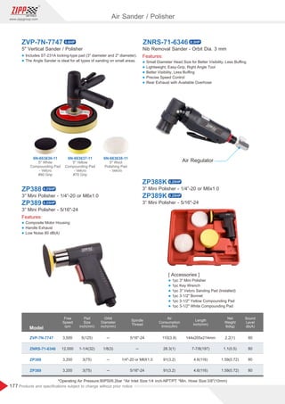 177
www.zippgroup.com
Products and speciﬁcations subject to change without prior notice
ZVP-7N-7747 ZNRS-71-6346
ZP388
ZP389
5 Vertical Sander / Polisher Nib Removal Sander - Orbit Dia. 3 mm
3” Mini Polisher - 1/4”-20 or M6x1.0
3” Mini Polisher - 5/16-24
ZP388K
ZP389K
3” Mini Polisher - 1/4”-20 or M6x1.0
3” Mini Polisher - 5/16-24
l Includes ST-231A locking-type pad (3 diameter and 2 diameter).
l The Angle Sander is ideal for all types of sanding on small areas.
Features:
l Small Diameter Head Size for Better Visibility, Less Buﬃng
l Lightweight, Easy-Grip, Right Angle Tool
l Better Visibility, Less Buﬃng
l Precise Speed Control
l Rear Exhaust with Available Overhose
Features:
l Composite Motor Housing
l Handle Exhaust
l Low Noise 80 dB(A)
5 White
Compounding Pad
- Velcro
#80 Grip
5 Yellow
Compounding Pad
- Velcro
#70 Grip
5 Wool
Polishing Pad
- Velcro
6N-663636-11 6N-663637-11 6N-663638-11
Air Regulator
[ Accessories ]
l 1pc 3 Mini Polisher
l 1pc Key Wrench
l 1pc 3 Velcro Sanding Pad (Installed)
l 1pc 3-1/2 Bonnet
l 1pc 3-1/2 Yellow Compounding Pad
l 1pc 3-1/2 White Compounding Pad
Model
ZVP-7N-7747
ZNRS-71-6346
ZP388
ZP389
144x205x214mm
7-7/8(197)
4.6(116)
4.6(116)
110(3.9)
28.3(1)
91(3.2)
91(3.2)
3,500
12,000
3,200
3,200
5(125)
1-1/4(32)
3(75)
3(75)
─
1/8(3)
─
─
5/16-24
─
1/4-20 or M6X1.0
5/16-24
2.2(1)
1.1(0.5)
1.59(0.72)
1.59(0.72)
80
80
80
80
Free
Speed
rpm
Pad
Size
inch(mm)
Orbit
Diameter
inch(mm)
Spindle
Thread
Air
Consumption
l/min(cfm)
Length
inch(mm)
Net
Weight
lb(kg)
Sound
Level
db(A)
*Operating Air Pressure:90PSI/6.2bar *Air Inlet Size:1/4 inch-NPT/PT *Min. Hose Size:3/8(10mm)
Air Sander / Polisher
0.6HP
0.25HP
0.25HP
0.25HP
0.25HP
0.3HP
 