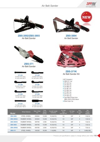 180
www.zippgroup.com
Products and speciﬁcations subject to change without prior notice
Air Belt Sander
Model
ZBS-3892
ZBS-3893A
ZBS-3893G
ZBS-3894
ZBS-3894G
ZBS-371
20X640
30X640
30X760
40X750
40X760
10X330
STEEL WHEEL
RUBBER WHEEL
RUBBER WHEEL
RUBBER WHEEL
RUBBER WHEEL
STEEL WHEEL
13,000
13,000
3,300
13,000
3,300
16,000
16.34(415)
16.34(415)
16.34(415)
16.34(415)
16.34(415)
11.6(295)
1/4
1/4
1/4
1/4
1/4
1/4
3/8
3/8
3/8
3/8
3/8
3/8
4
4
4
4
4
5
1.5(3.3)
1.5(3.3)
1.5(3.3)
1.5(3.3)
1.5(3.3)
0.95(2.09)
Size of Belt
mm
Wheel Material
Overall Length
inch(mm)
Air Inlet
Size
inch-NPT/PT
Free
Speed
R.P.M.
Avg.
Air Cons.
cfm
Air Hose
(I.D.)
Net
Weight
kgs(lbs)
ZBS ZBS-3892/ -3893
ZBS-371
ZBS-371K
ZBS-3894
[ KIT Contents ]
l ZBS-371 1pc
l 371-AA 1pc
l 371-AD 1pc
l 371-BB 1pc
l 371-BF 1pc
l 371-BG 1pc
l 371-BH 1pc
l 371-CC 1pc
l 371-DE 1pc
l 3pcs Belt of Each Arm
(#80, #100, #120) 24pcs
l Blow Case 1pc
Air Belt SanderAir Belt Sander
Air Belt Sander
Air Belt Sander Kit
Contact Arm Assy
for belt wide 3
371-BB
Contact Arm Assy
for belt wide 810
371-AA
Contact Arm Assy
for belt wide 35
371-BG
Contact Arm Assy
for belt wide 1012
371-CC
Contact Arm Assy
for belt wide 810
371-BF
Contact Arm Assy
for belt wide 1012
371-AD
Contact Arm Assy
for belt wide 56
371-BH
Contact Arm Assy
for belt wide 810
371-DE
 