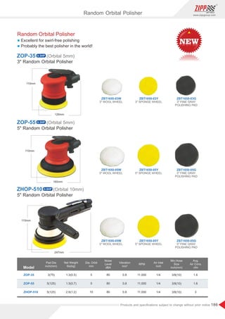 186
www.zippgroup.com
Products and speciﬁcations subject to change without prior notice
Model
Pad Dia
inch(mm)
Air Inlet
inch
Dia. Orbit
mm
Noise
Level
dBA
Min.Hose
Size
inch(mm)
Net Weight
Ibs(kg)
Vibration
m/s²
RPM
ZOP-35 1.3(0.5)
1.5(0.7)
2.6(1.2)
5
5
10
80
80
80
3/8(10)
3/8(10)
3/8(10)
1/4
1/4
1/4
1.6
1.6
3
0.8
0.8
0.8
11,000
11,000
11,000
3(75)
5(125)
5(125)
Avg.
Air Cons.
cfm
ZOP-55
ZHOP-510
Random Orbital Polisher
l Excellent for swirl-free polishing
l Probably the best polisher in the world!
3 Random Orbital Polisher
ZOP-35 (Orbital 5mm)
5 Random Orbital Polisher
ZOP-55 (Orbital 5mm)
5 Random Orbital Polisher
ZHOP-510 (Orbital 10mm)
ZBT1650-03Y
ZBT1650-05Y
ZBT1650-05Y
ZBT1650-03W
ZBT1650-05W
ZBT1650-05W
ZBT1650-03G
ZBT1650-05G
ZBT1650-05G
3 SPONGE WHEEL
5 SPONGE WHEEL
5 SPONGE WHEEL
3 WOOL WHEEL
5 WOOL WHEEL
5 WOOL WHEEL
3 FINE GRAY
POLISHING PAD
5 FINE GRAY
POLISHING PAD
5 FINE GRAY
POLISHING PAD
Random Orbital Polisher
0.3HP
0.3HP
0.5HP
 