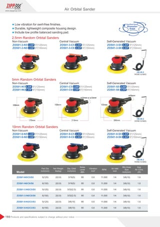 189
www.zippgroup.com
Products and speciﬁcations subject to change without prior notice
2.5mm/5mm/10mm
HOSE  BAG
HB-46-2
0.3HP
0.3HP
0.3HP
0.3HP
0.3HP
0.3HP
0.3HP
0.3HP
0.3HP
0.3HP
0.3HP
0.3HP
0.3HP
0.3HP
0.3HP
0.3HP 0.3HP 0.3HP
Air Orbital Sander
l Low vibration for swirl-free ﬁnishes.
l Durable, lightweight composite housing design.
l Include low proﬁle balanced sanding pad.
HOSE  BAG
HB-46-2
5mm Random Orbital Sanders
ZOS01-N5 ZOS01-C5 ZOS01-S5
ZOS01-N6 ZOS01-C6 ZOS01-S6
Non-Vacuum Central Vacuum Self-Generated Vacuum
5(125mm) 5(125mm) 5(125mm)
6(150mm) 6(150mm) 6(150mm)
HOSE  BAG
HB-46-2
2.5mm Random Orbital Sanders
ZOS01-3-N5 ZOS01-3-C5 ZOS01-3-S5
ZOS01-3-N6 ZOS01-3-C6 ZOS01-3-S6
Non-Vacuum Central Vacuum Self-Generated Vacuum
5(125mm) 5(125mm) 5(125mm)
6(150mm) 6(150mm) 6(150mm)
10mm Random Orbital Sanders
ZOS01-9-N5 ZOS01-9-C5 ZOS01-9-S5
ZOS01-9-N6 ZOS01-9-C6 ZOS01-9-S6
Non-Vacuum Central Vacuum Self-Generated Vacuum
5(125mm) 5(125mm) 5(125mm)
6(150mm) 6(150mm) 6(150mm)
Model
Pad Dia
inch(mm)
Air Inlet
inch
Dia. Orbit
inch(mm)
Min.Hose
Size
inch(mm)
Net Weight
Ibs(kg)
RPM
ZOS01-N5/C5/S5 2(0.9)
2(0.9)
2(0.9)
2(0.9)
2(0.9)
2(0.9)
3/16(5)
3/16(5)
3/32(2.5)
3/32(2.5)
3/8(10)
3/8(10)
3/8(10)
3/8(10)
3/8(10)
3/8(10)
3/8(10)
3/8(10)
1/4
1/4
1/4
1/4
1/4
1/4
1.6
1.6
1.6
1.6
1.6
1.6
11,000
11,000
11,000
11,000
11,000
11,000
5(125)
6(150)
5(125)
6(150)
5(125)
6(150)
Avg.
Air Cons.
cfm
ZOS01-N6/C6/S6
ZOS01-3-N5/C5/S5
ZOS01-3-N6/C6/S6
ZOS01-9-N3/C3/S3
ZOS01-9-N3/C3/S3
Noise
Level
dBA
Vibration
m/s²
80
80
80
80
80
80
0.8
0.8
0.8
0.8
0.8
0.8
 